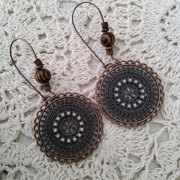 Women's Lightweight Hollow Dangle Round Earrings in Bronze Brown - Picture 2 of 10